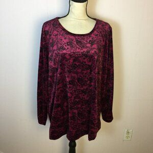 Woman Within Blouse Tunic Top Sz L 18/20 Womans Pink Black Paisley Velvet Velour